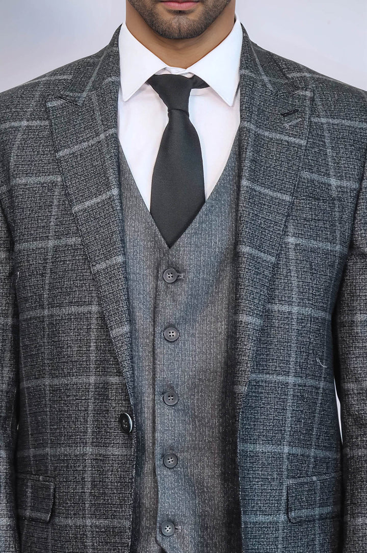 Traje de tres piezas de cuadros azul antracita de corte entallado - Wessi