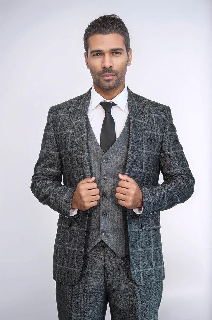 Traje de tres piezas de cuadros azul antracita de corte entallado - Wessi