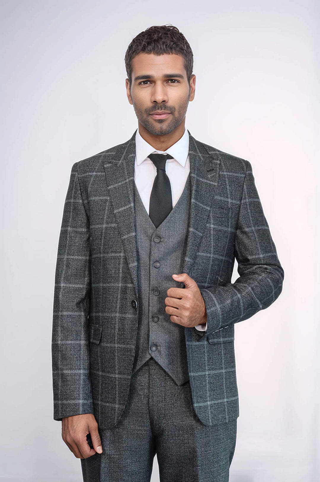 Traje de tres piezas de cuadros azul antracita de corte entallado - Wessi