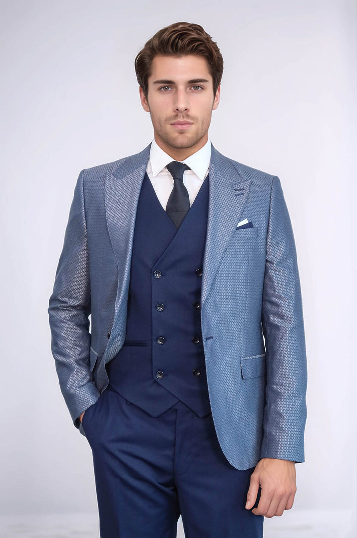 Navy Blue Self-Patterned Vested Suit | Wessi
