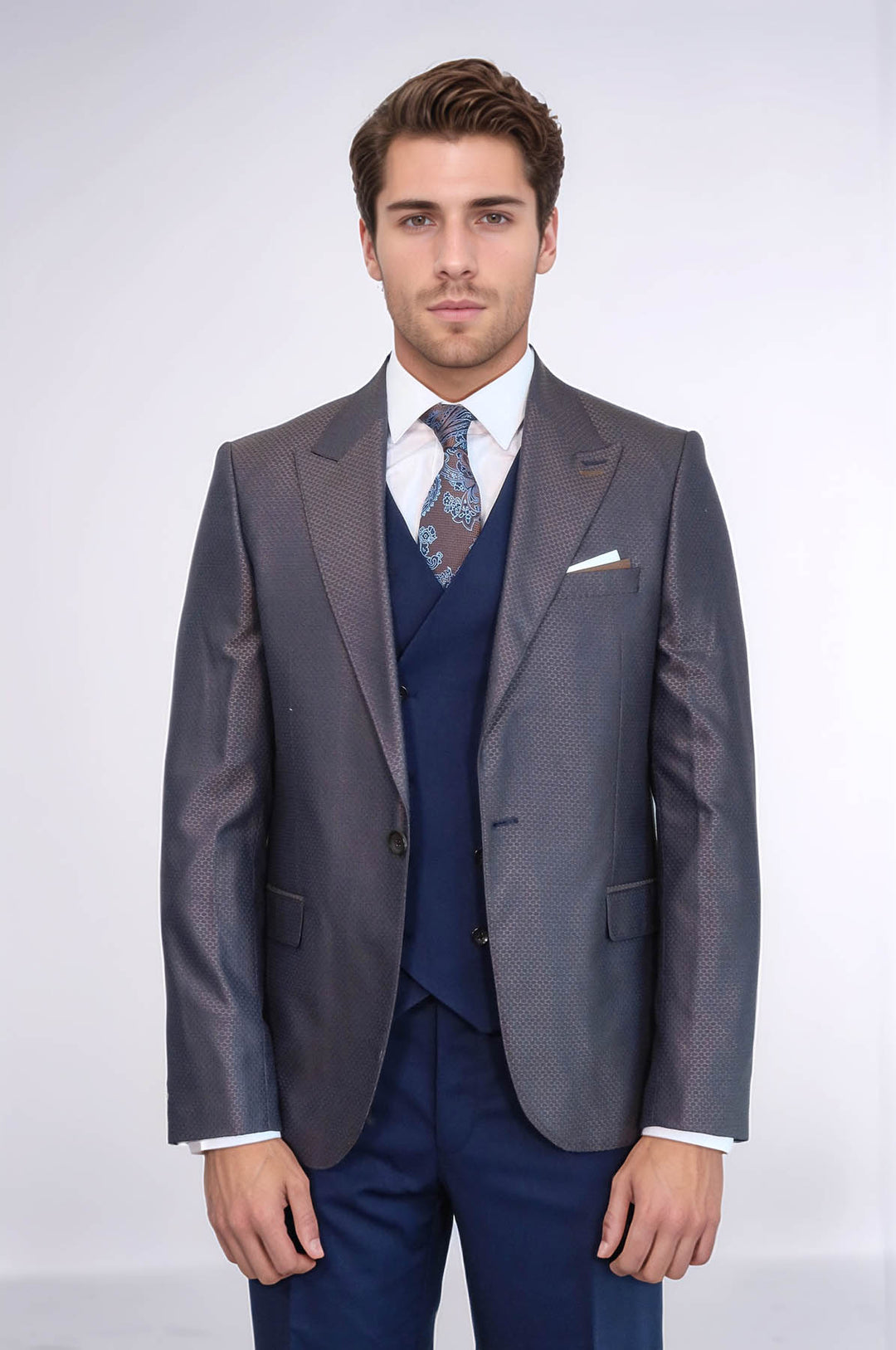Traje de hombre azul marino y marrón con estampado - Wessi