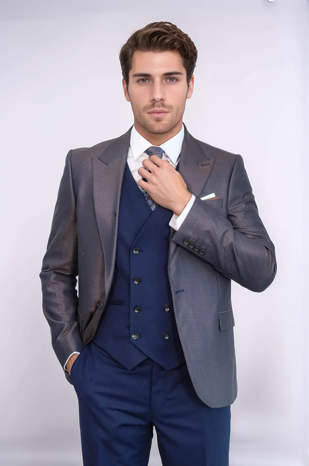 Traje de hombre azul marino y marrón con estampado - Wessi