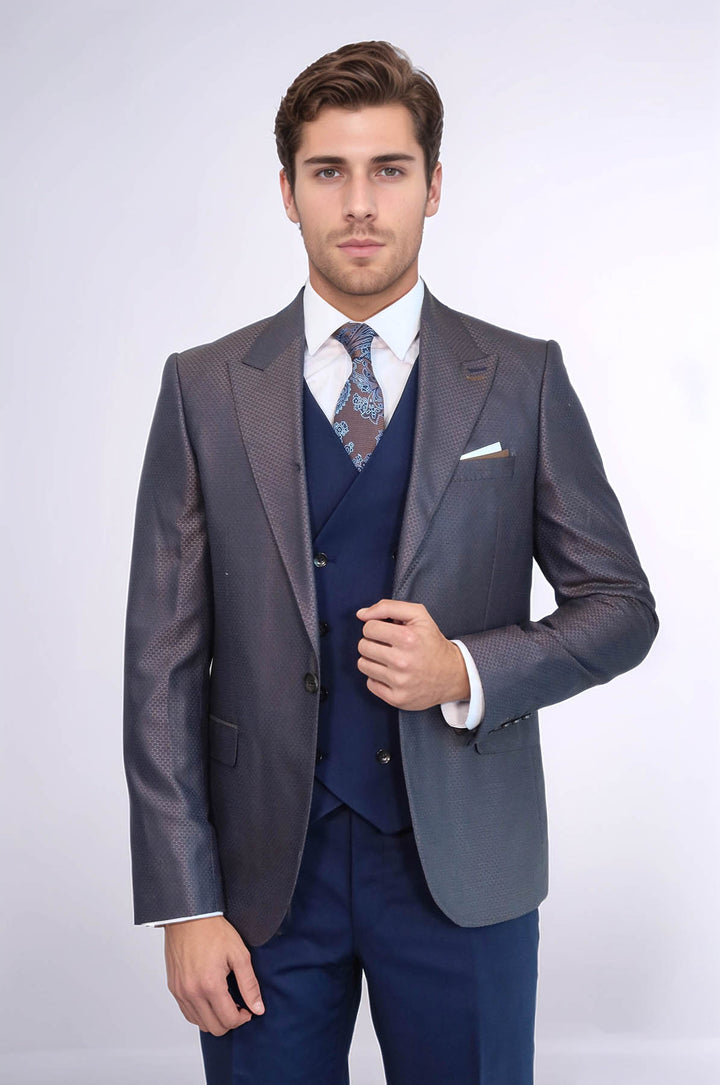 Traje de hombre azul marino y marrón con estampado - Wessi