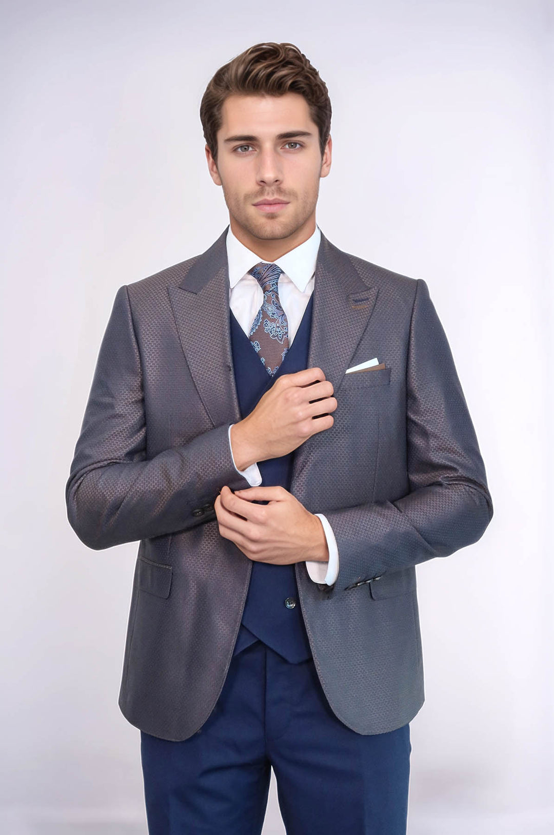 Traje de hombre azul marino y marrón con estampado - Wessi