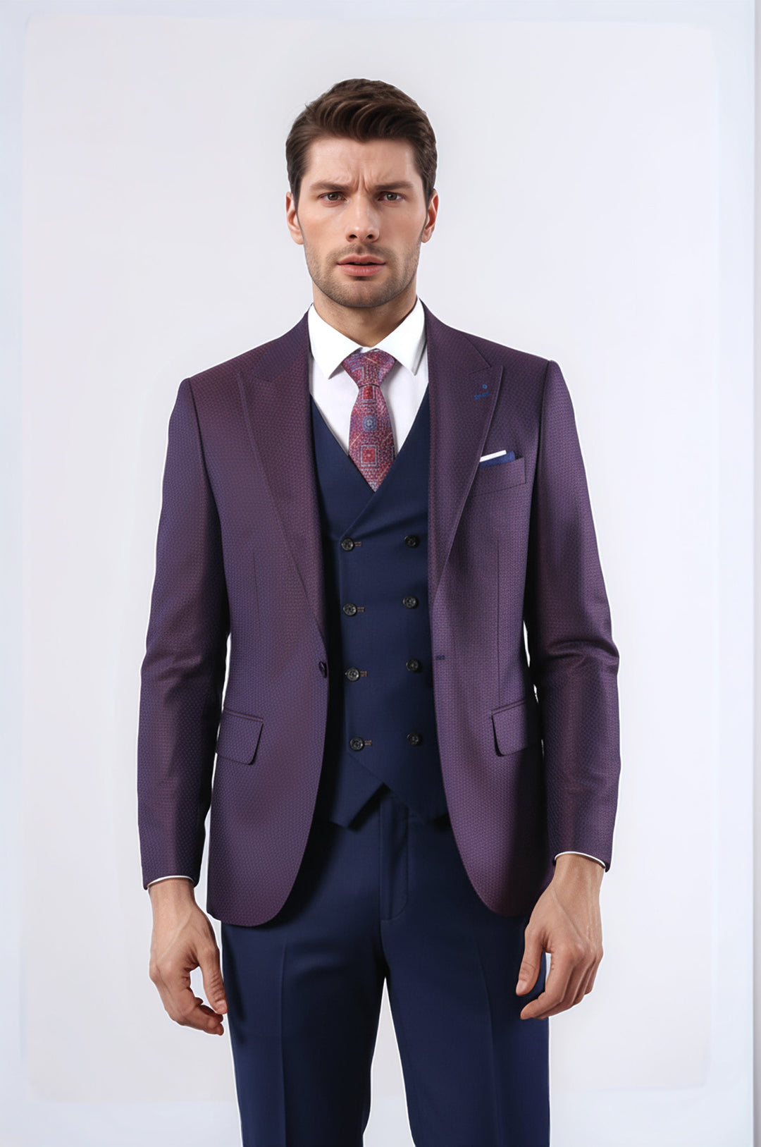 Burgundy Jacket Combined Navy Blue Suit