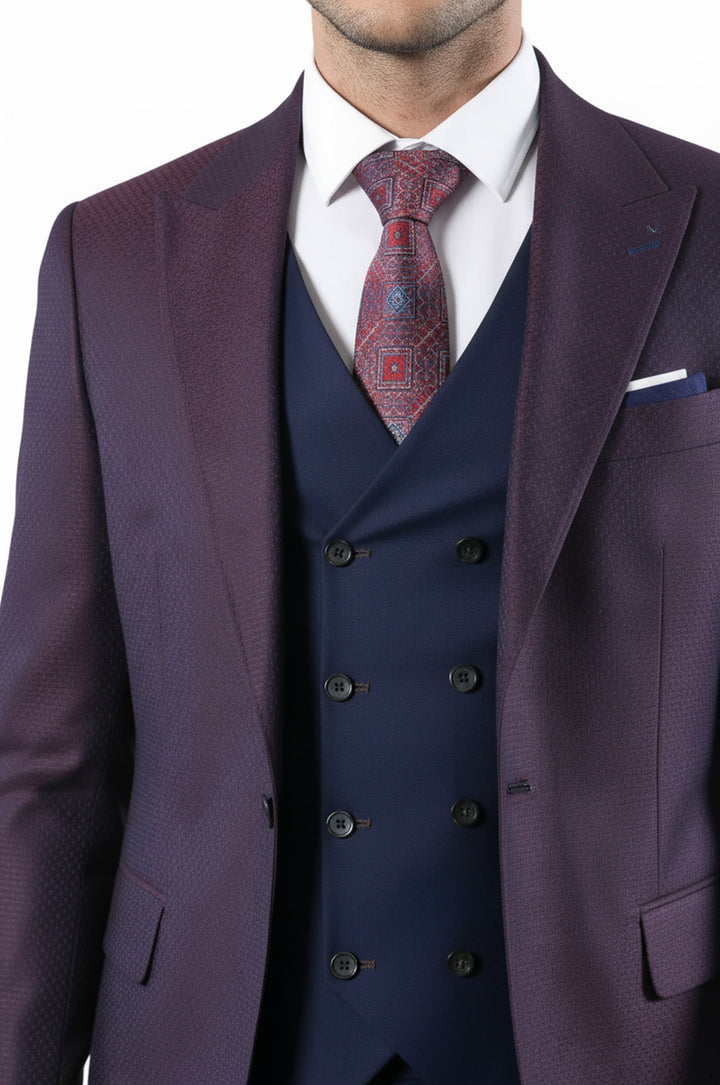 Burgundy Jacket Combined Navy Blue Suit - Wessi