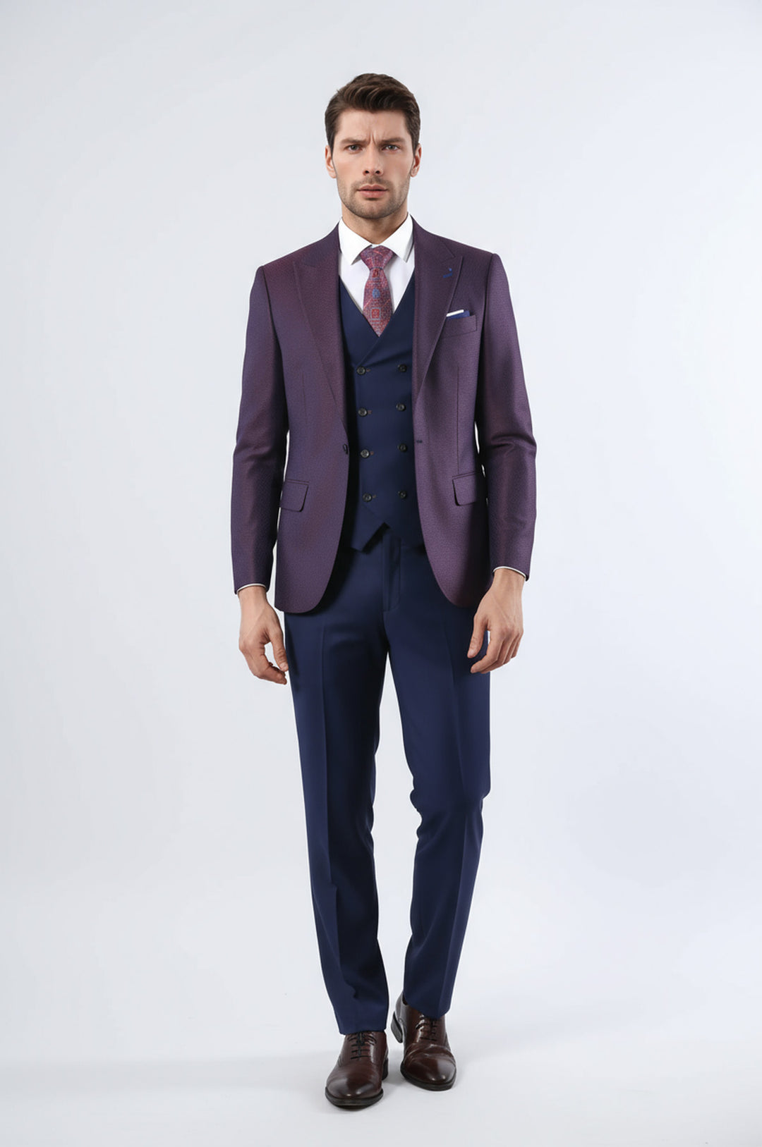 Burgundy Jacket Combined Navy Blue Suit - Wessi