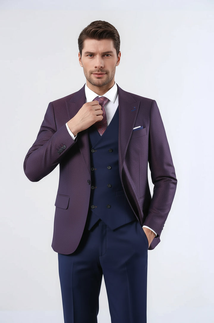 Burgundy Jacket Combined Navy Blue Suit - Wessi