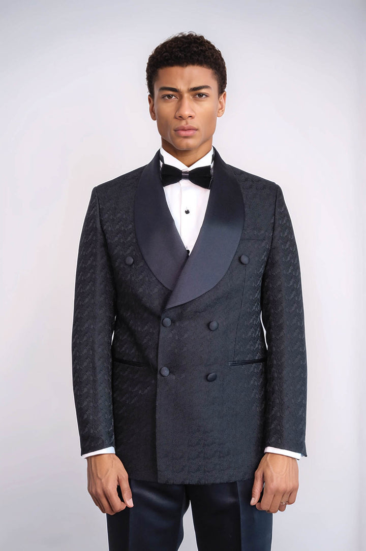 Traje de esmoquin cruzado con cuello chal y estampado de satén para hombre, color negro - Wessi