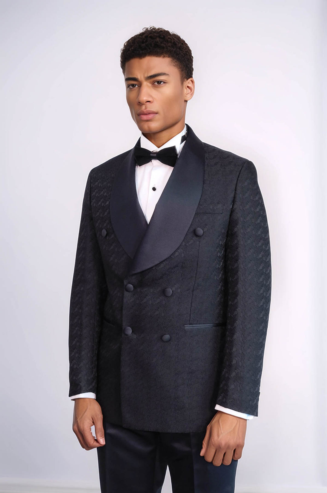 Traje de esmoquin cruzado con cuello chal y estampado de satén para hombre, color negro - Wessi