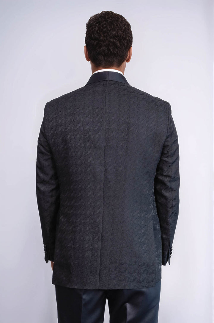 Traje de esmoquin cruzado con cuello chal y estampado de satén para hombre, color negro - Wessi