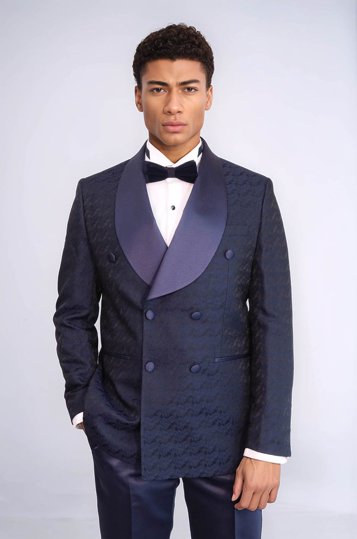 Traje de esmoquin cruzado con cuello chal de satén para hombre en azul marino - Wessi