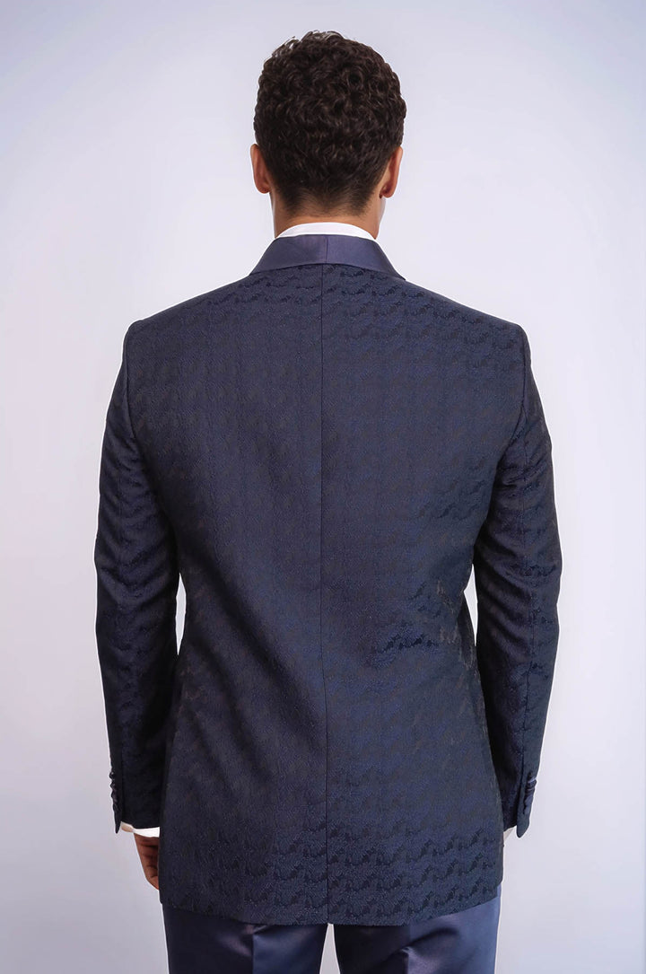 Traje de esmoquin cruzado con cuello chal de satén para hombre en azul marino - Wessi
