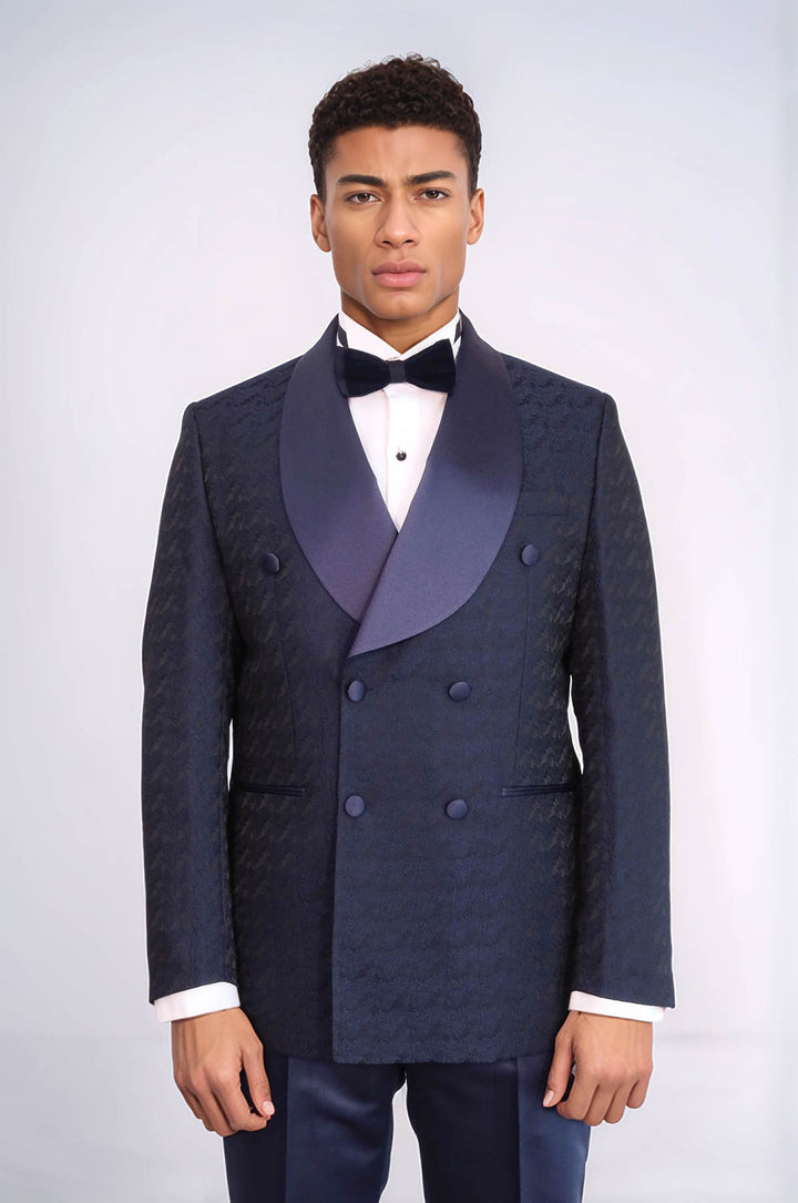 Traje de esmoquin cruzado con cuello chal de satén para hombre en azul marino - Wessi