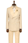 Satin Shawl Collar Patterned Double Breasted  Champagne Men Tuxedo Suit - Wessi