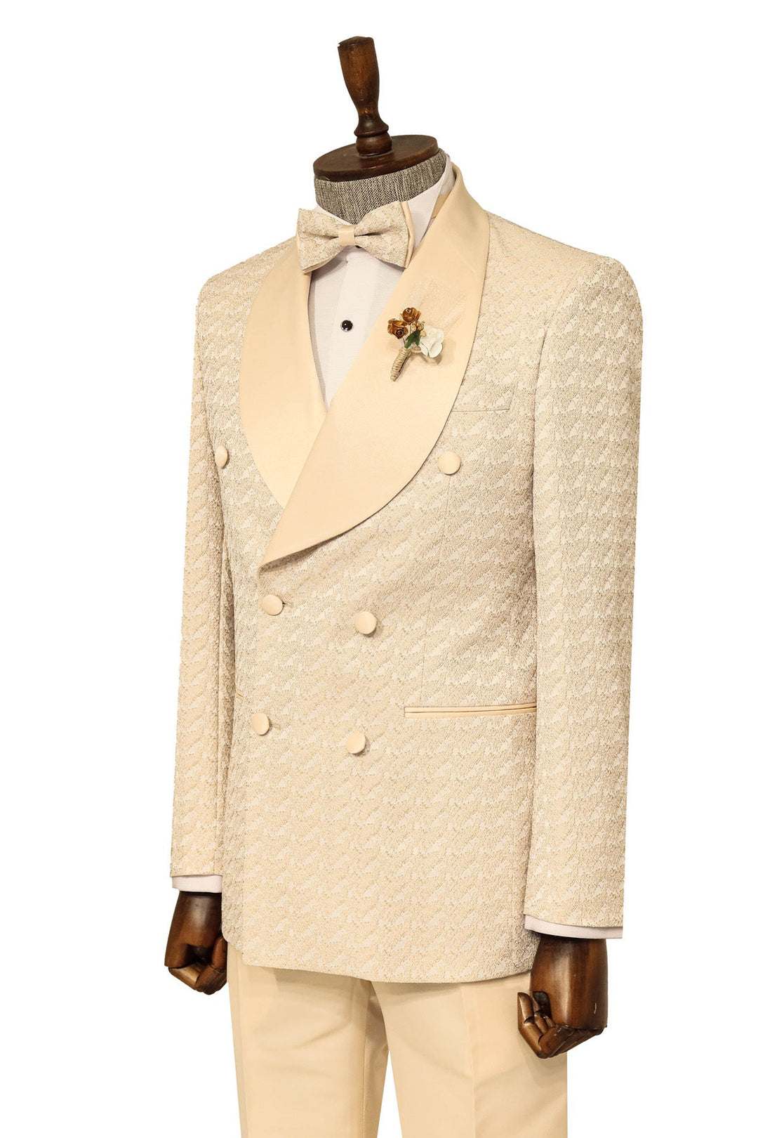 Satin Shawl Collar Patterned Double Breasted  Champagne Men Tuxedo Suit - Wessi