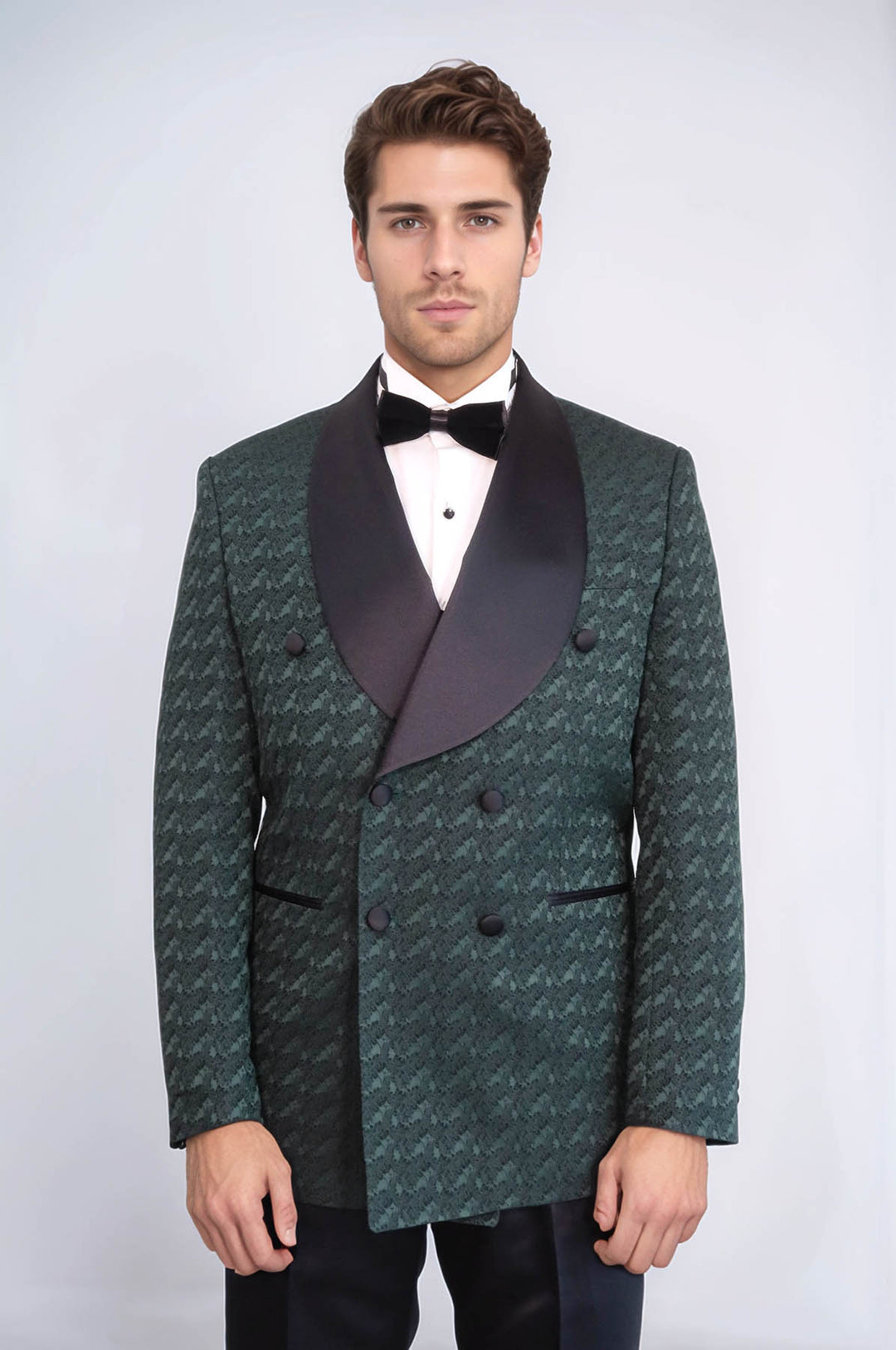 Traje de esmoquin cruzado con cuello chal de satén para hombre, color verde oscuro - Wessi