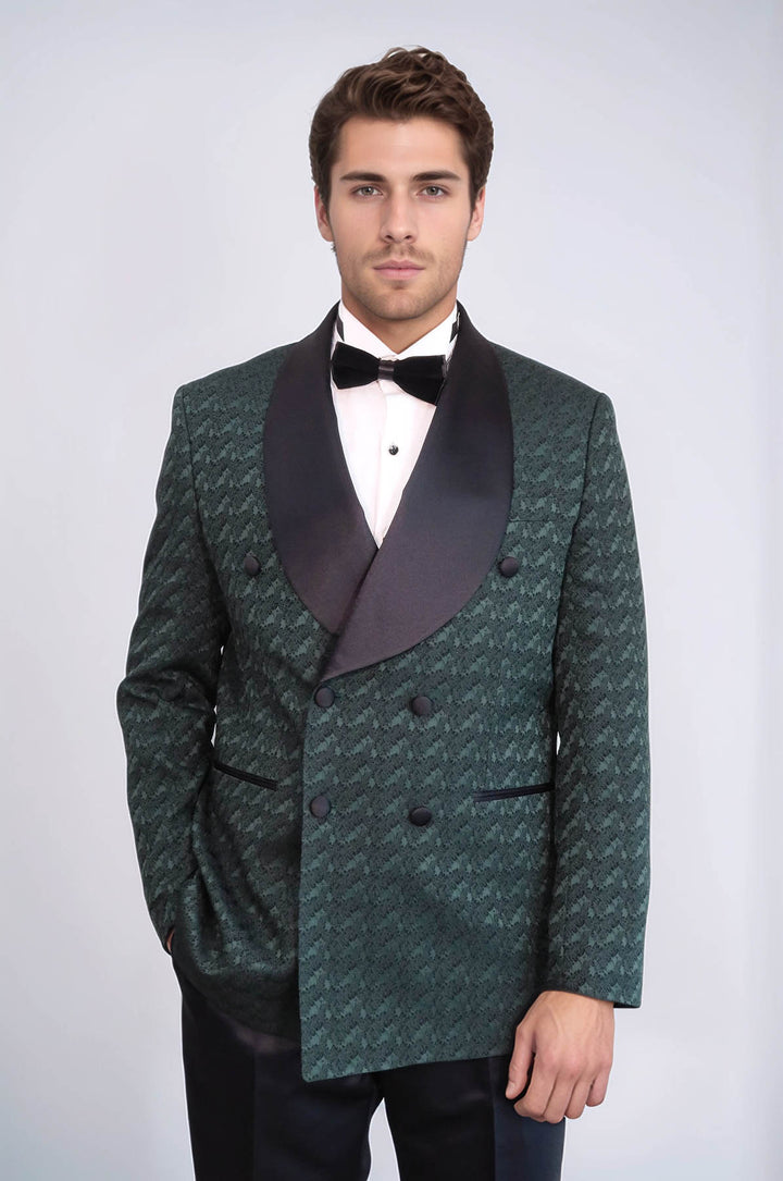 Traje de esmoquin cruzado con cuello chal de satén para hombre, color verde oscuro - Wessi