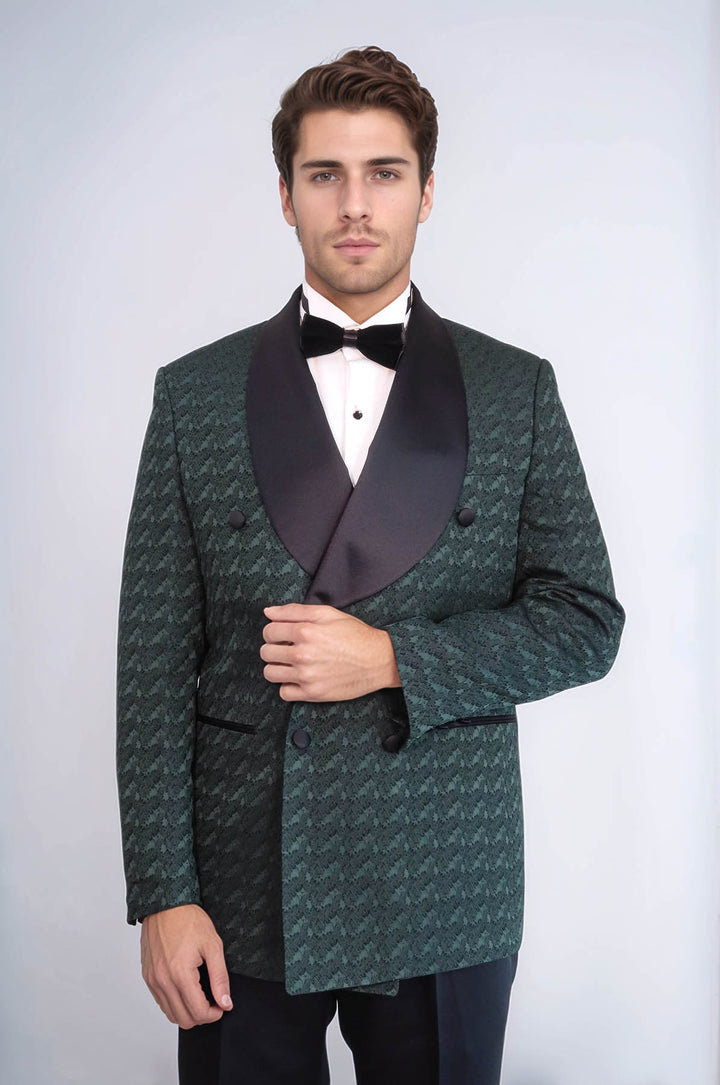 Traje de esmoquin cruzado con cuello chal de satén para hombre, color verde oscuro - Wessi