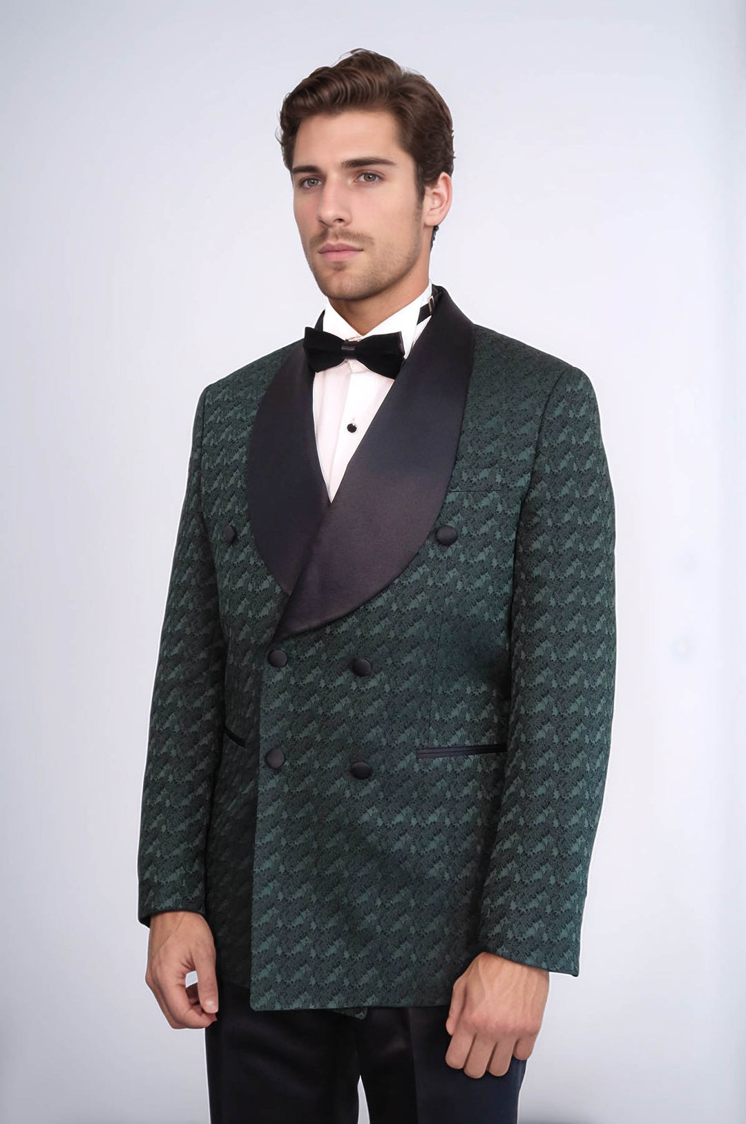 Traje de esmoquin cruzado con cuello chal de satén para hombre, color verde oscuro - Wessi