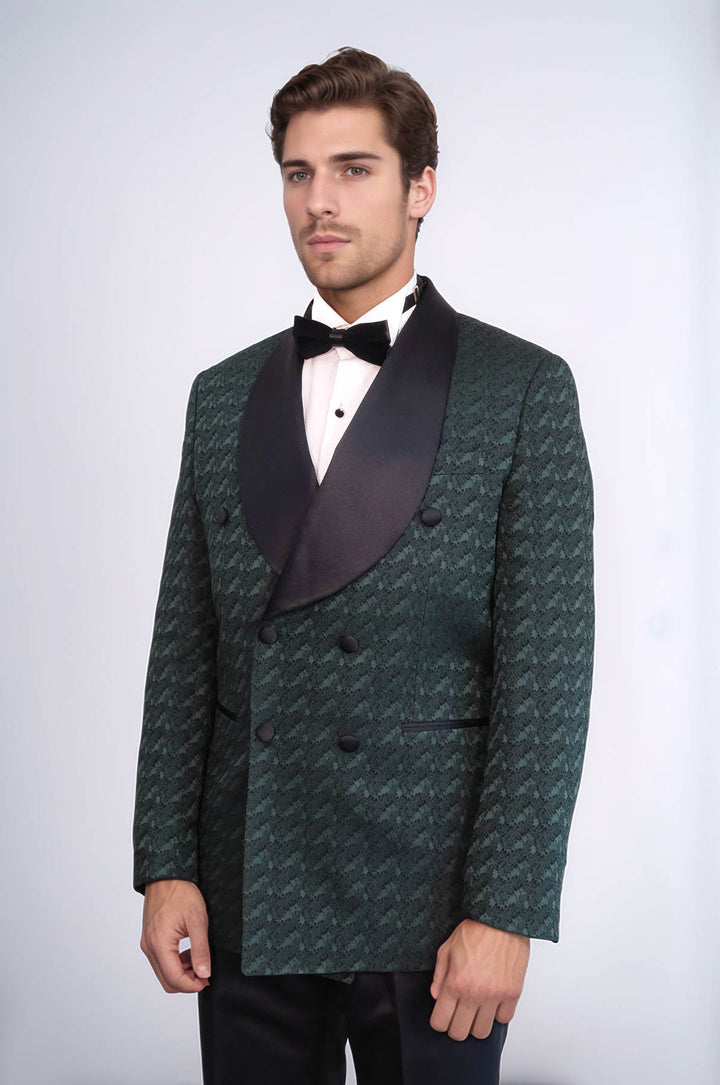 Traje de esmoquin cruzado con cuello chal de satén para hombre, color verde oscuro - Wessi