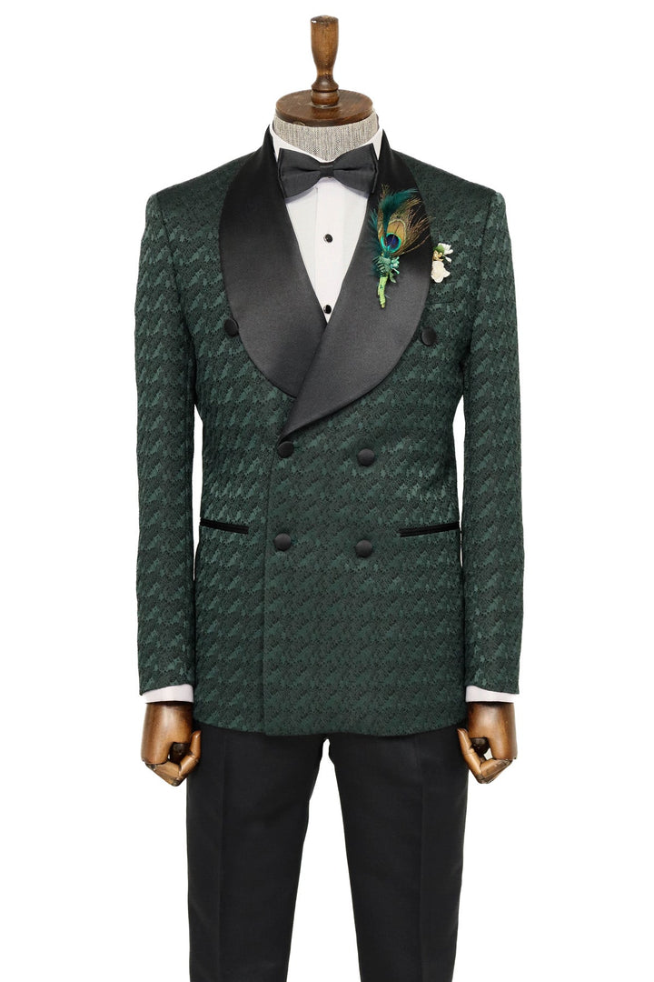 Traje de esmoquin cruzado con cuello chal de satén para hombre, color verde oscuro - Wessi