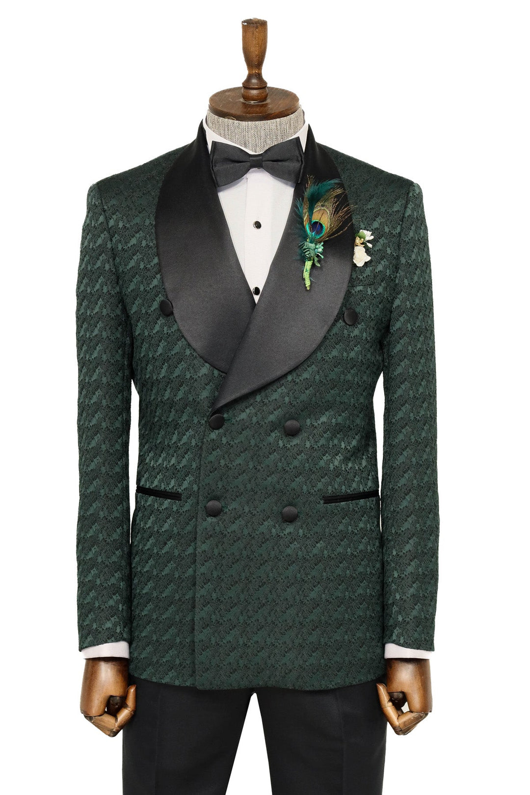 Traje de esmoquin cruzado con cuello chal de satén para hombre, color verde oscuro - Wessi