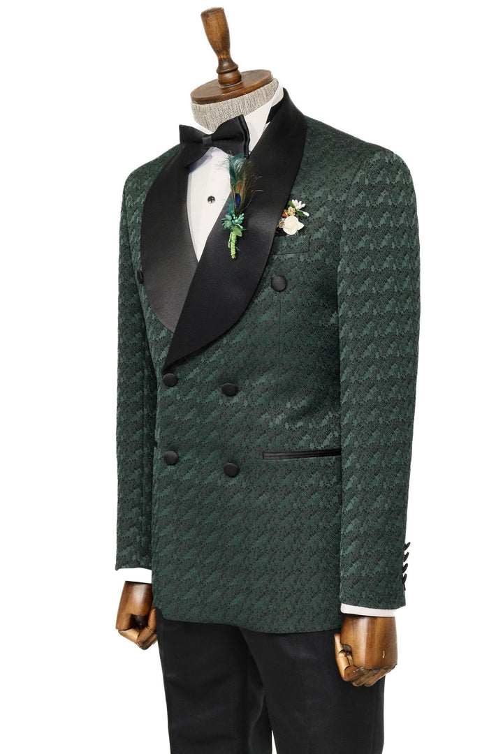 Traje de esmoquin cruzado con cuello chal de satén para hombre, color verde oscuro - Wessi