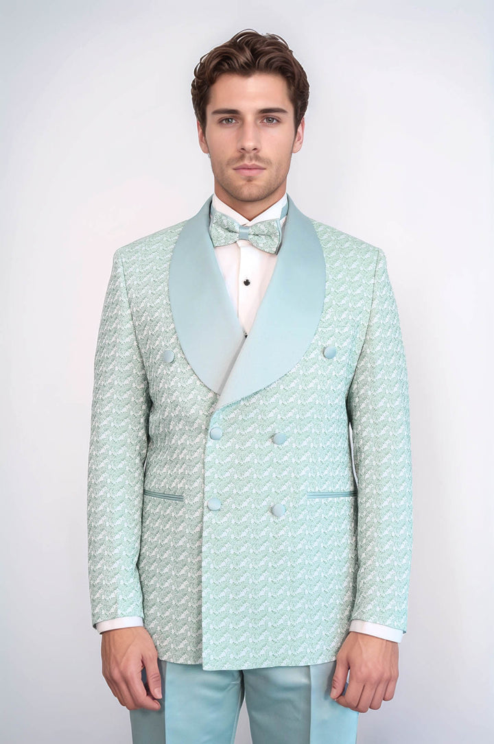 Satin Shawl Collar Patterned Double Breasted Sage Green Men Tuxedo Suit - Wessi