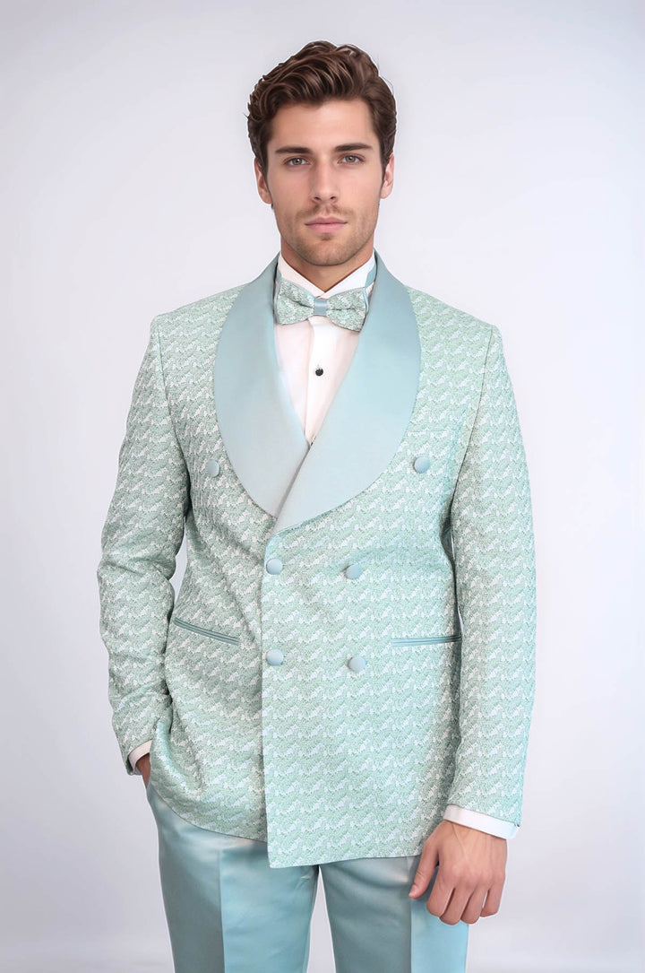Satin Shawl Collar Patterned Double Breasted Sage Green Men Tuxedo Suit - Wessi