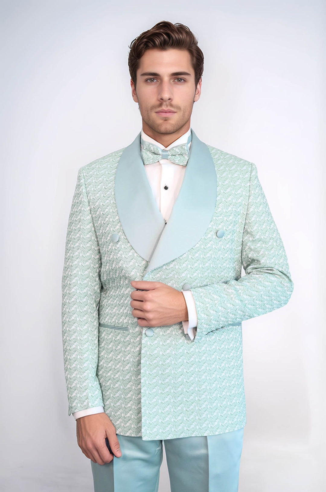 Satin Shawl Collar Patterned Double Breasted Sage Green Men Tuxedo Suit - Wessi