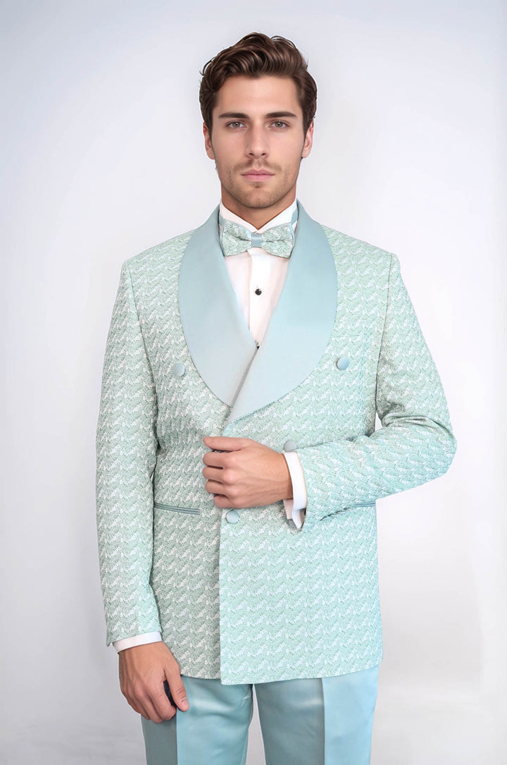 Satin Shawl Collar Patterned Double Breasted Sage Green Men Tuxedo Suit - Wessi