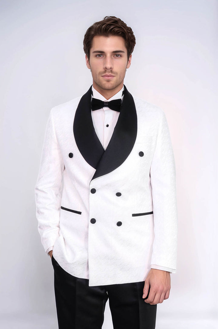 Traje de esmoquin cruzado con cuello chal de satén para hombre, color blanco - Wessi