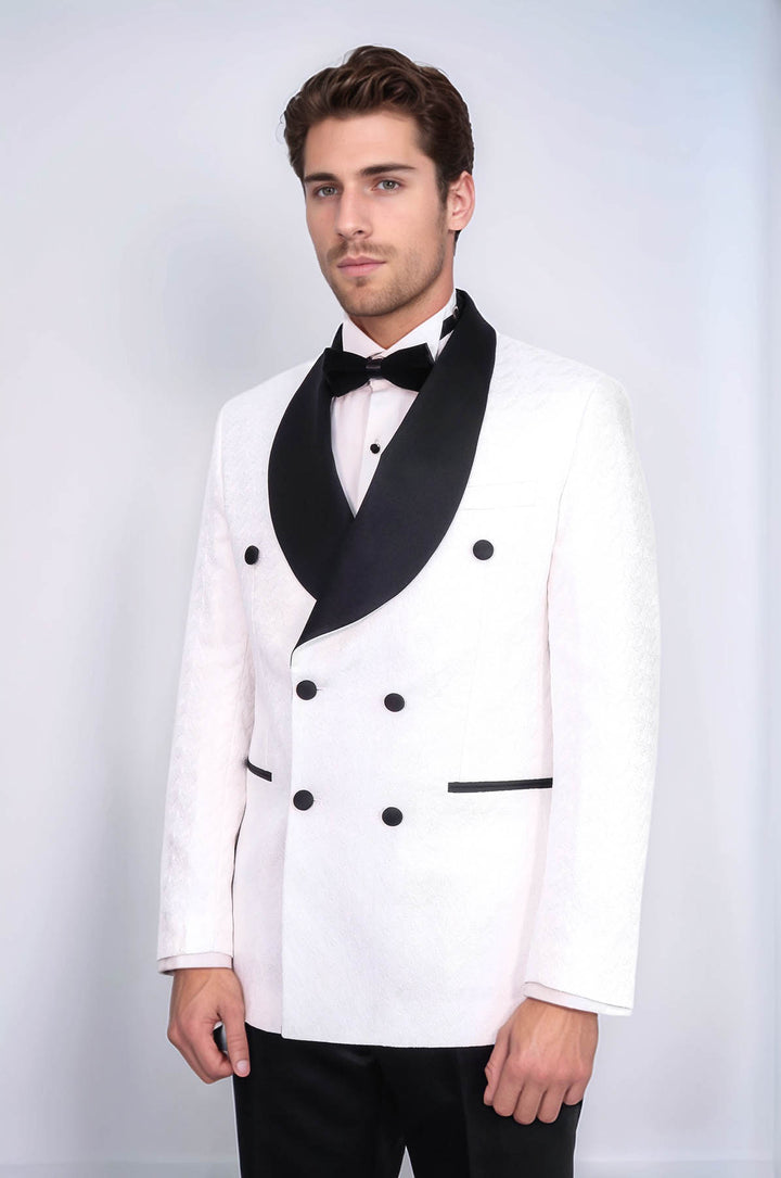 Traje de esmoquin cruzado con cuello chal de satén para hombre, color blanco - Wessi