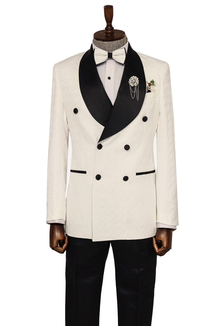 Satin Shawl Collar Patterned Double Breasted White Men Tuxedo Suit - Wessi