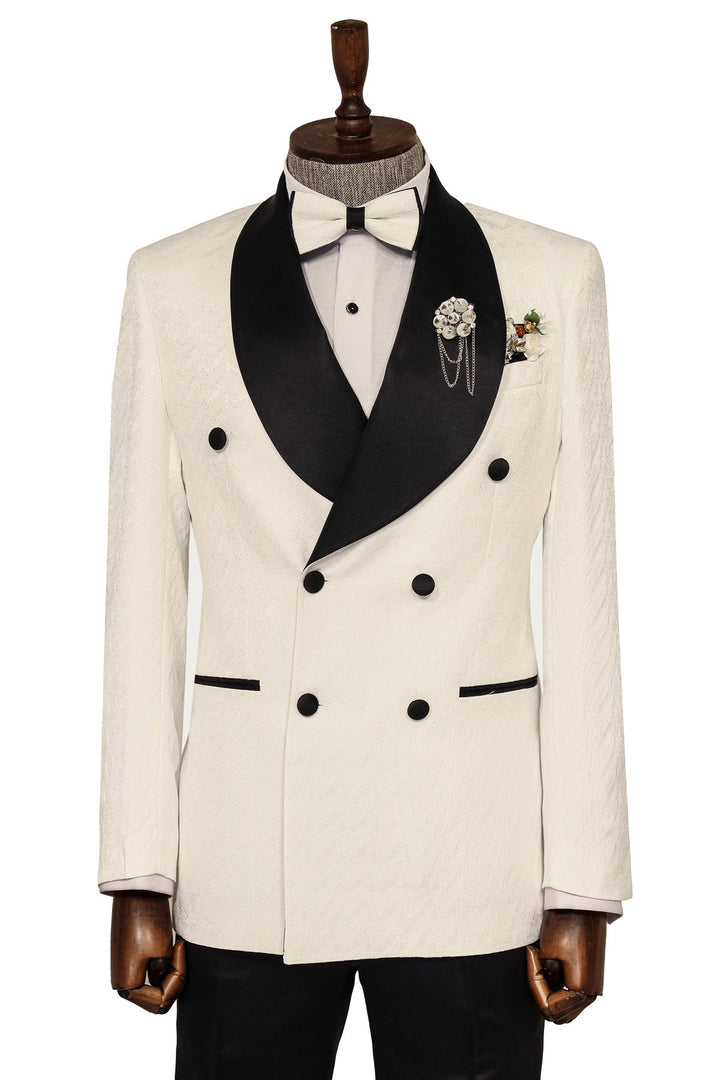 Satin Shawl Collar Patterned Double Breasted White Men Tuxedo Suit - Wessi