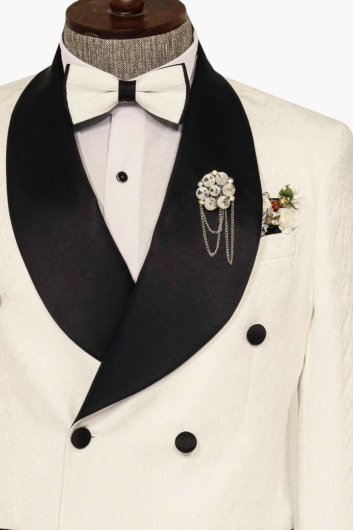 Satin Shawl Collar Patterned Double Breasted White Men Tuxedo Suit - Wessi