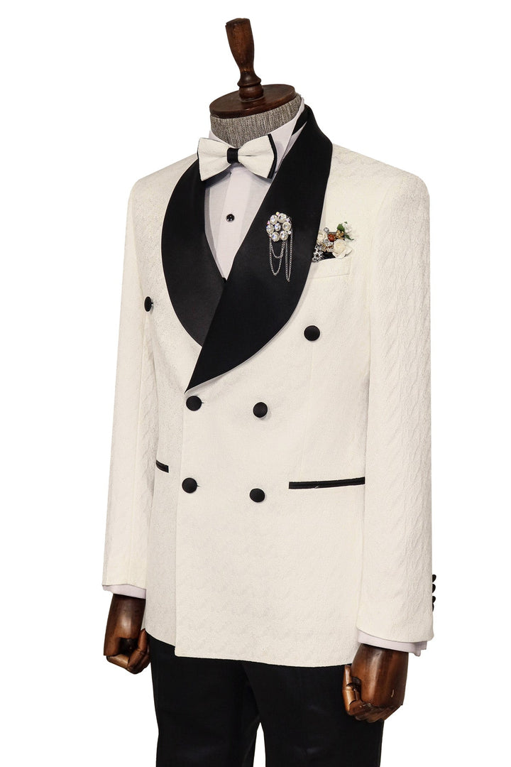 Satin Shawl Collar Patterned Double Breasted White Men Tuxedo Suit - Wessi