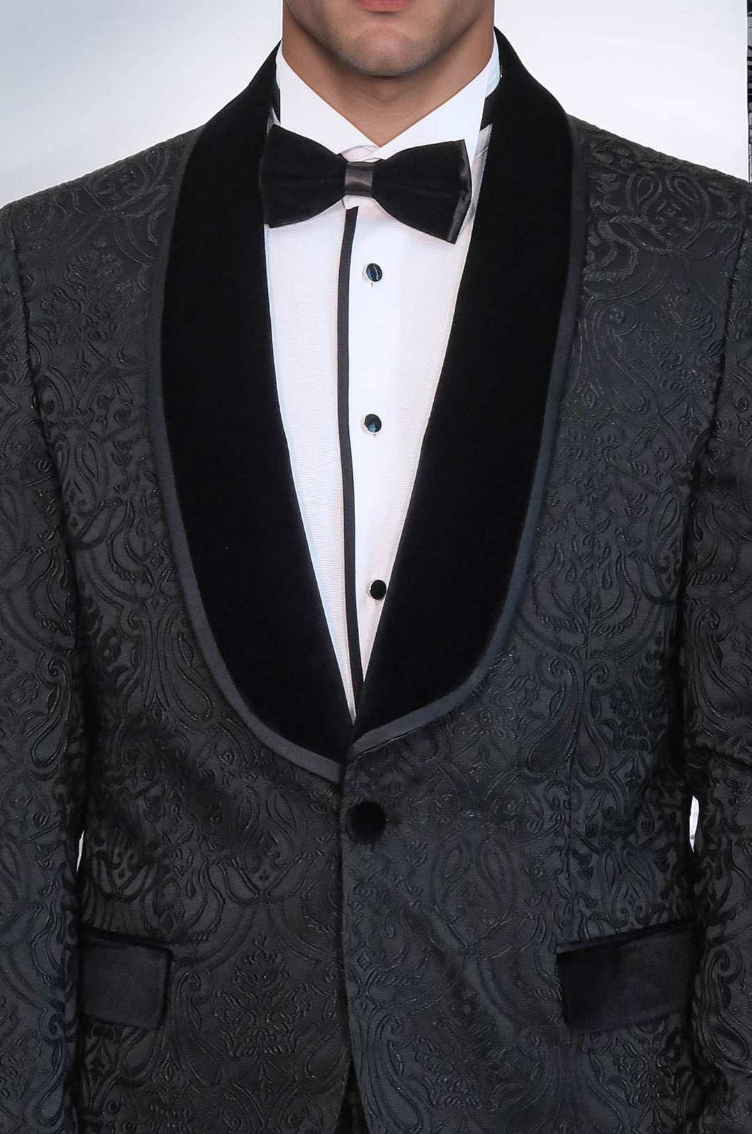 2 Piece Damask Patterned Velvet Shawl Collar Black Men's Tuxedo Suit - Wessi