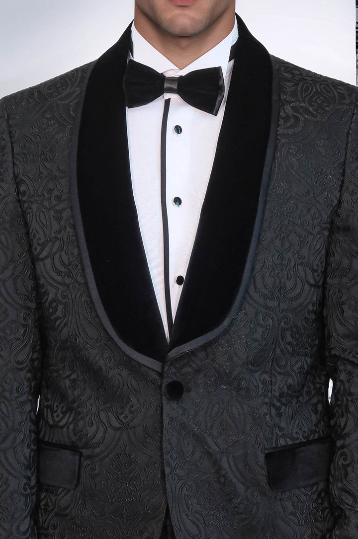 2 Piece Damask Patterned Velvet Shawl Collar Black Men's Tuxedo Suit - Wessi