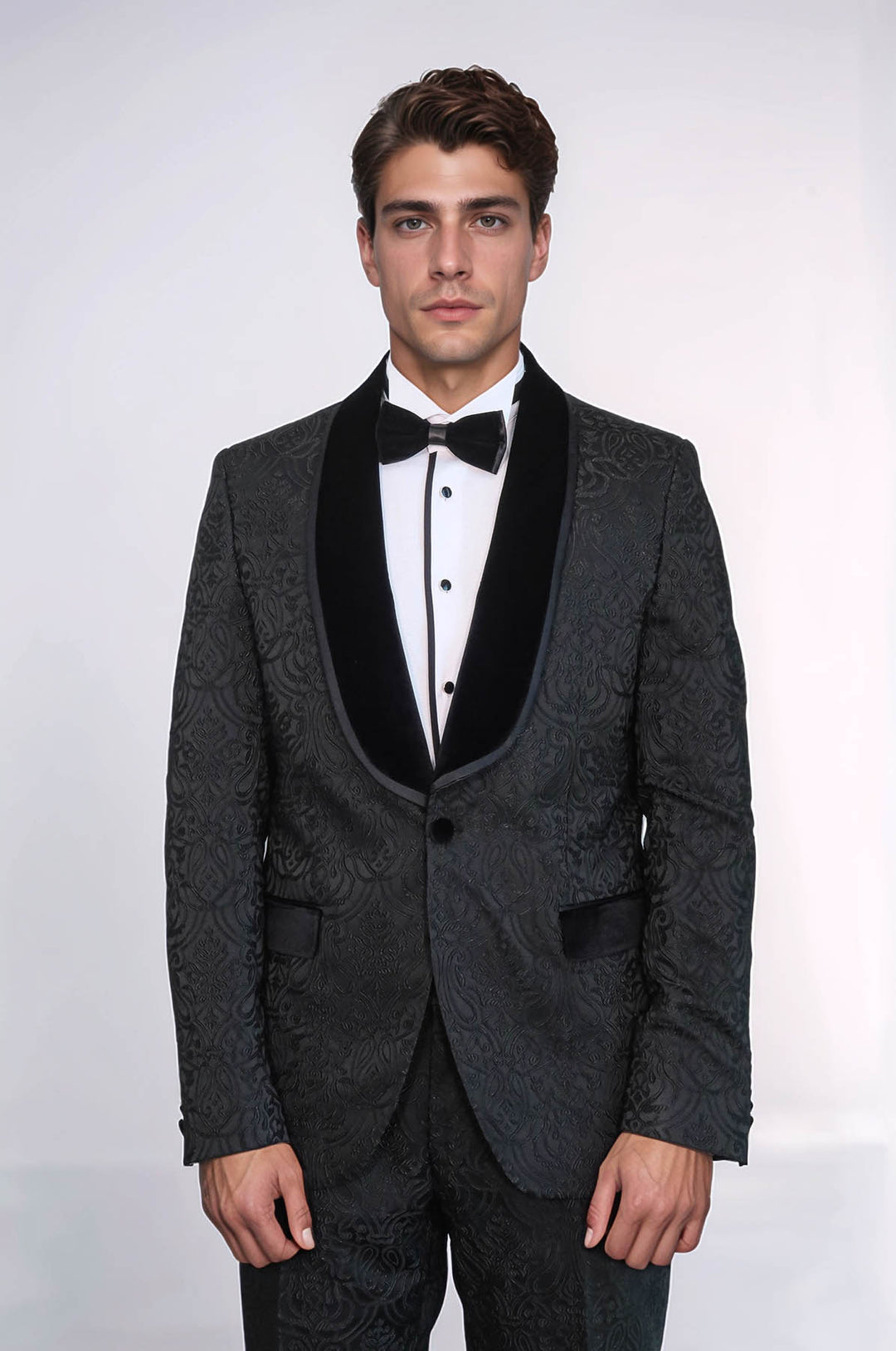 2 Piece Damask Patterned Velvet Shawl Collar Black Men's Tuxedo Suit - Wessi