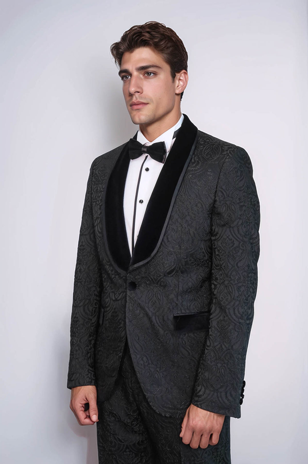 2 Piece Damask Patterned Velvet Shawl Collar Black Men's Tuxedo Suit - Wessi