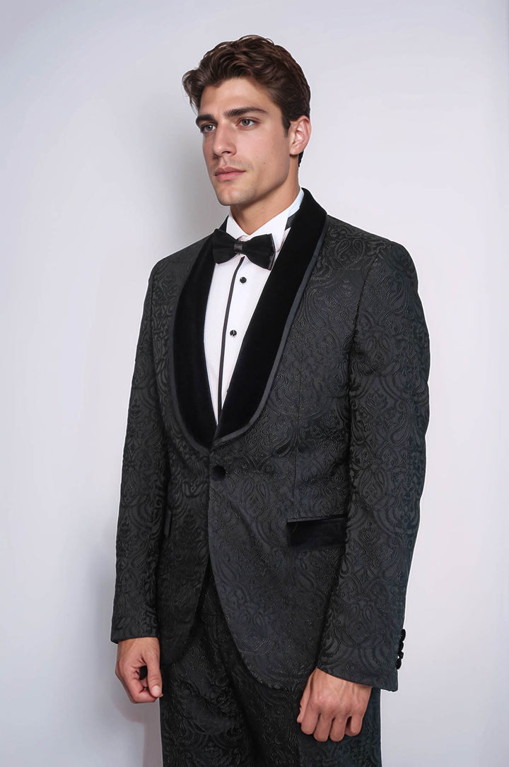 2 Piece Damask Patterned Velvet Shawl Collar Black Men's Tuxedo Suit - Wessi