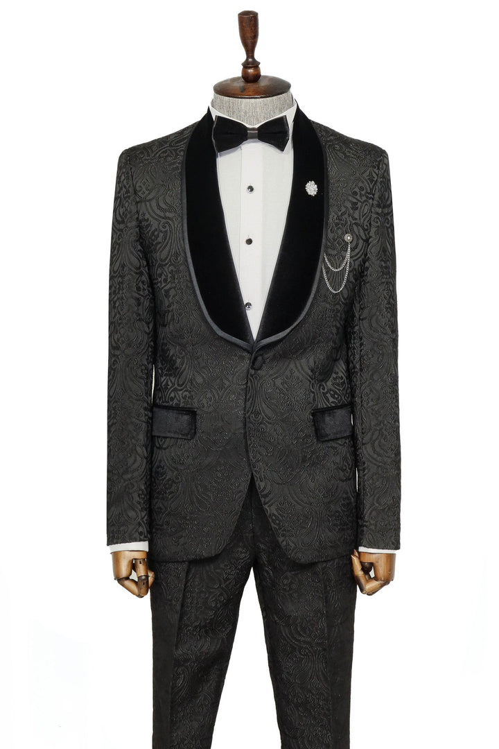 2 Piece Damask Patterned Velvet Shawl Collar Black Men's Tuxedo Suit - Wessi