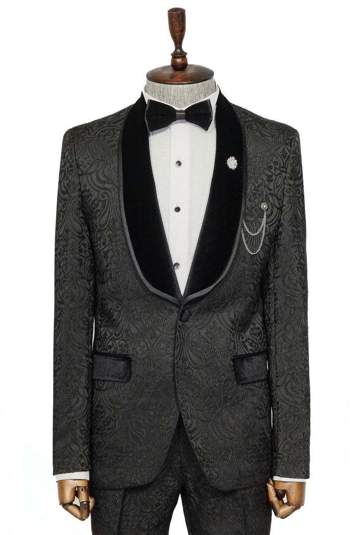 2 Piece Damask Patterned Velvet Shawl Collar Black Men's Tuxedo Suit - Wessi