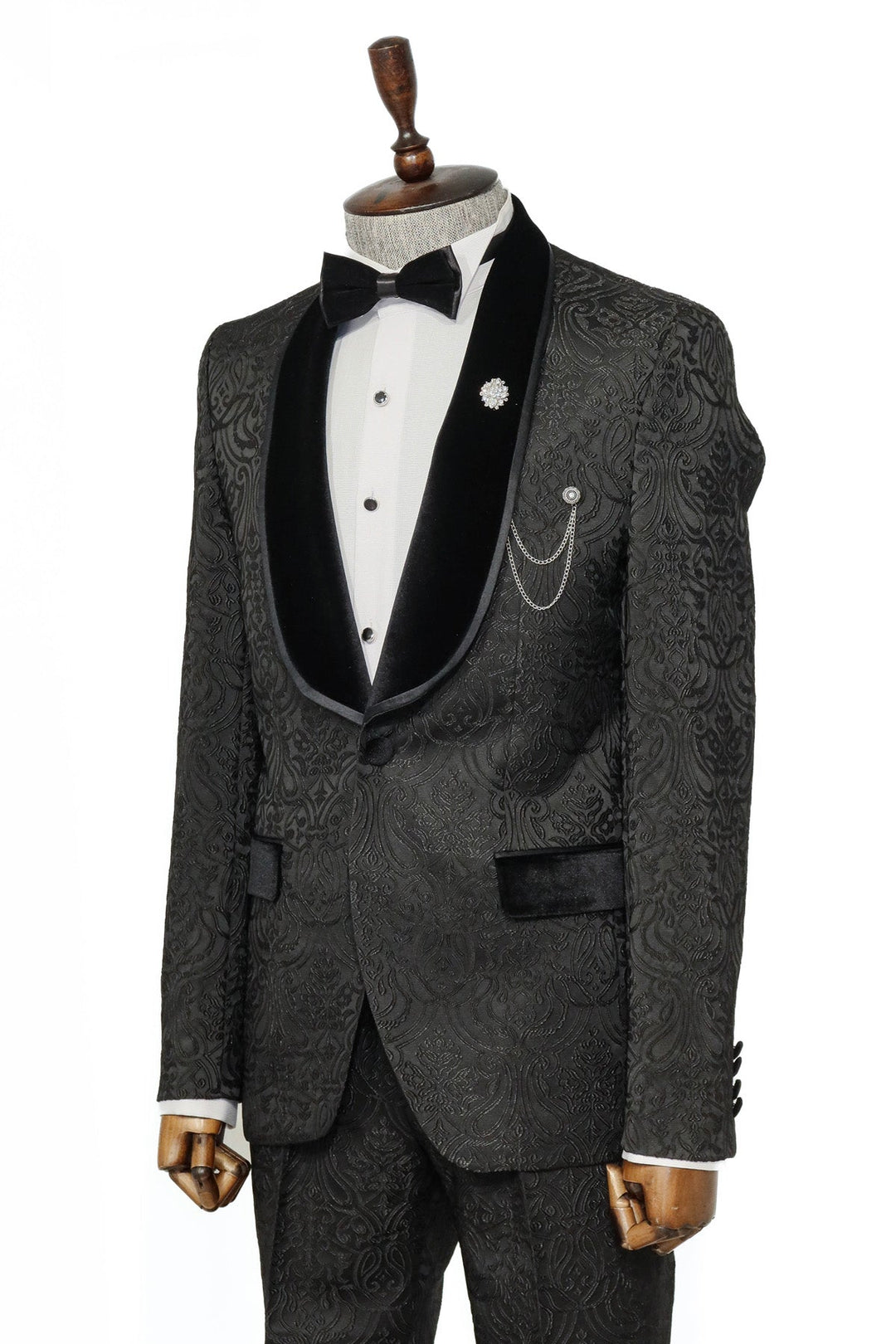 2 Piece Damask Patterned Velvet Shawl Collar Black Men's Tuxedo Suit - Wessi