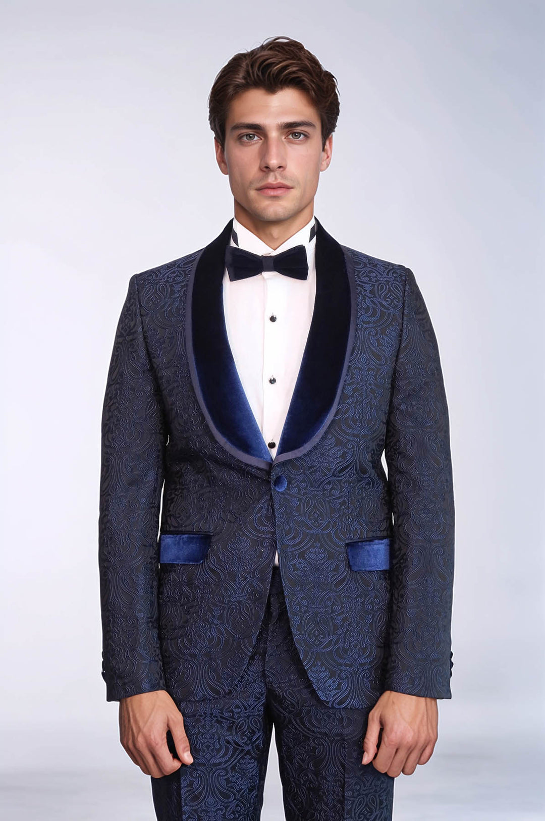 2 Piece Damask Patterned Velvet Shawl Collar Royal Blue Men's Tuxedo Suit - Wessi