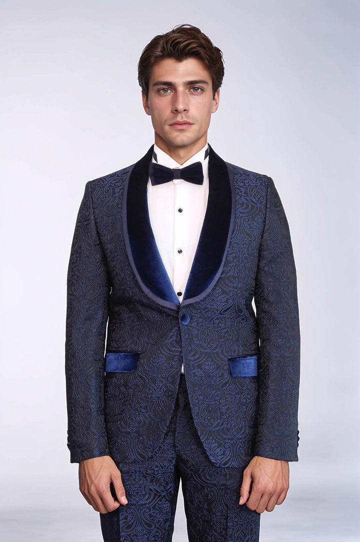 2 Piece Damask Patterned Velvet Shawl Collar Royal Blue Men's Tuxedo Suit - Wessi