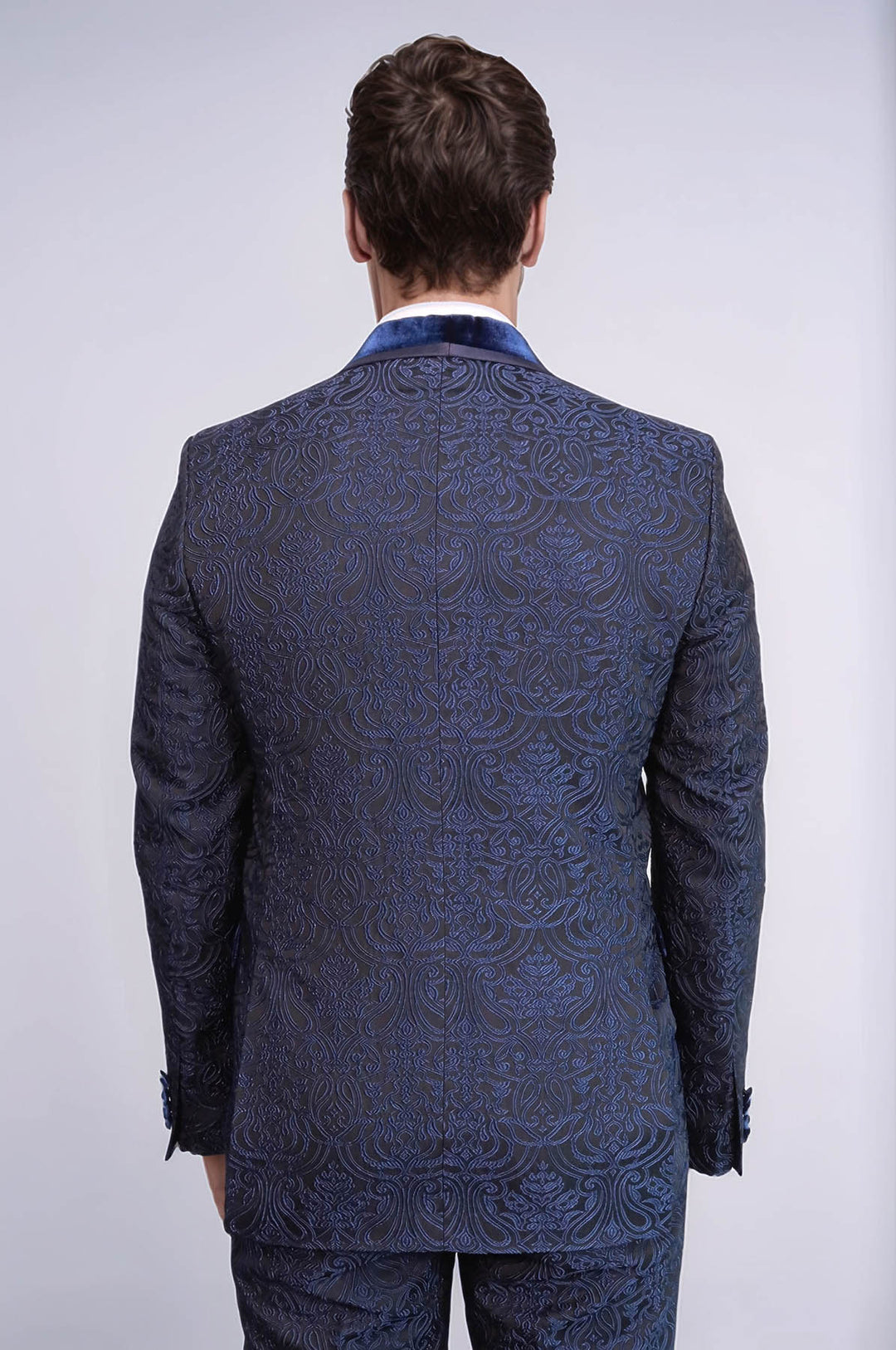 2 Piece Damask Patterned Velvet Shawl Collar Royal Blue Men's Tuxedo Suit - Wessi