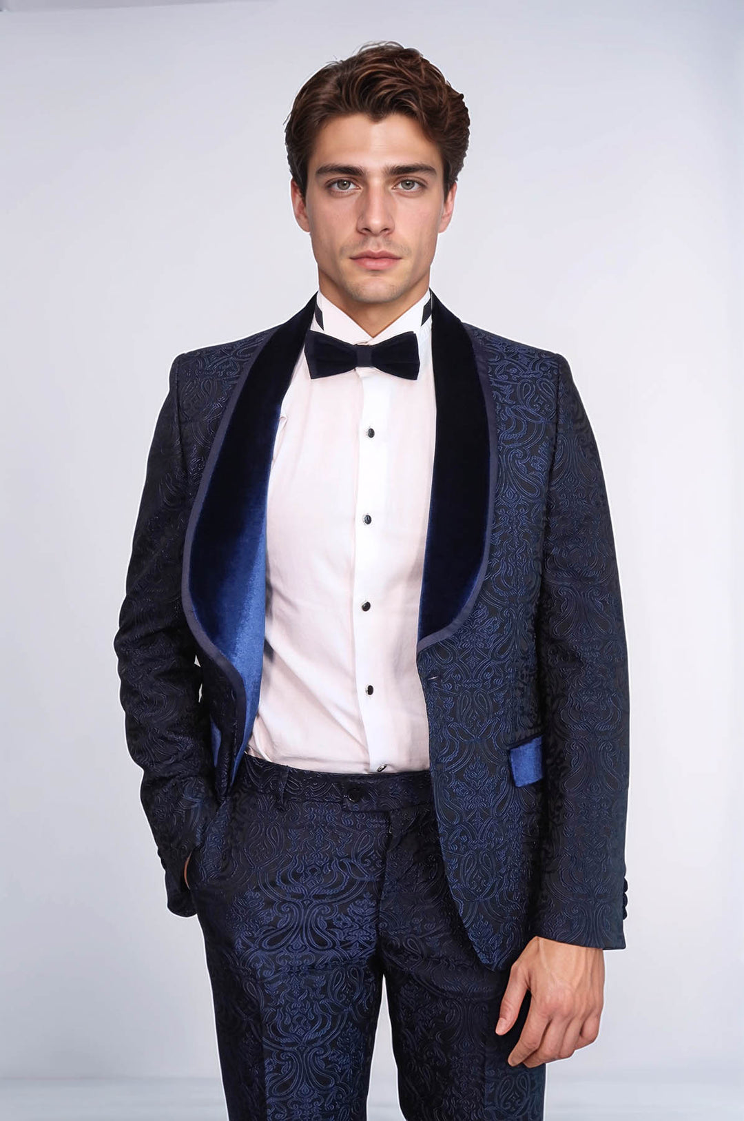 2 Piece Damask Patterned Velvet Shawl Collar Royal Blue Men's Tuxedo Suit - Wessi